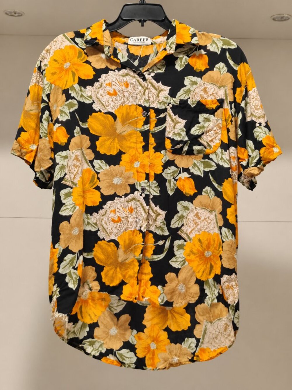 Black Orange Floral Button-Up Blouse Top Vintage